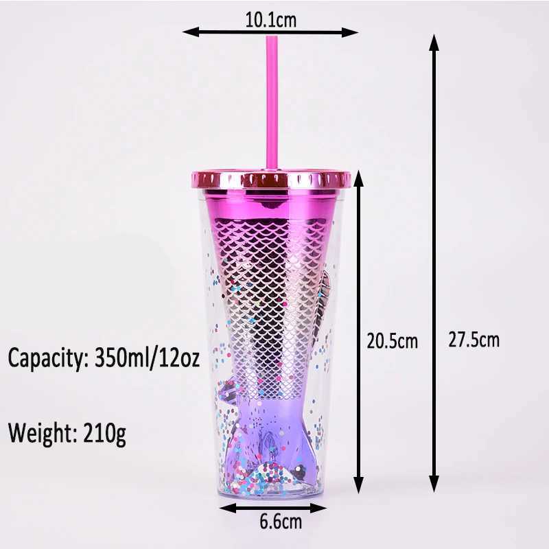 Tumblers 350ml 12 ooz Gradiente de doble capas Beauty Fish Tail Caca de paja lentejuelas Renching Tumbler For Kids Party Gift H240425