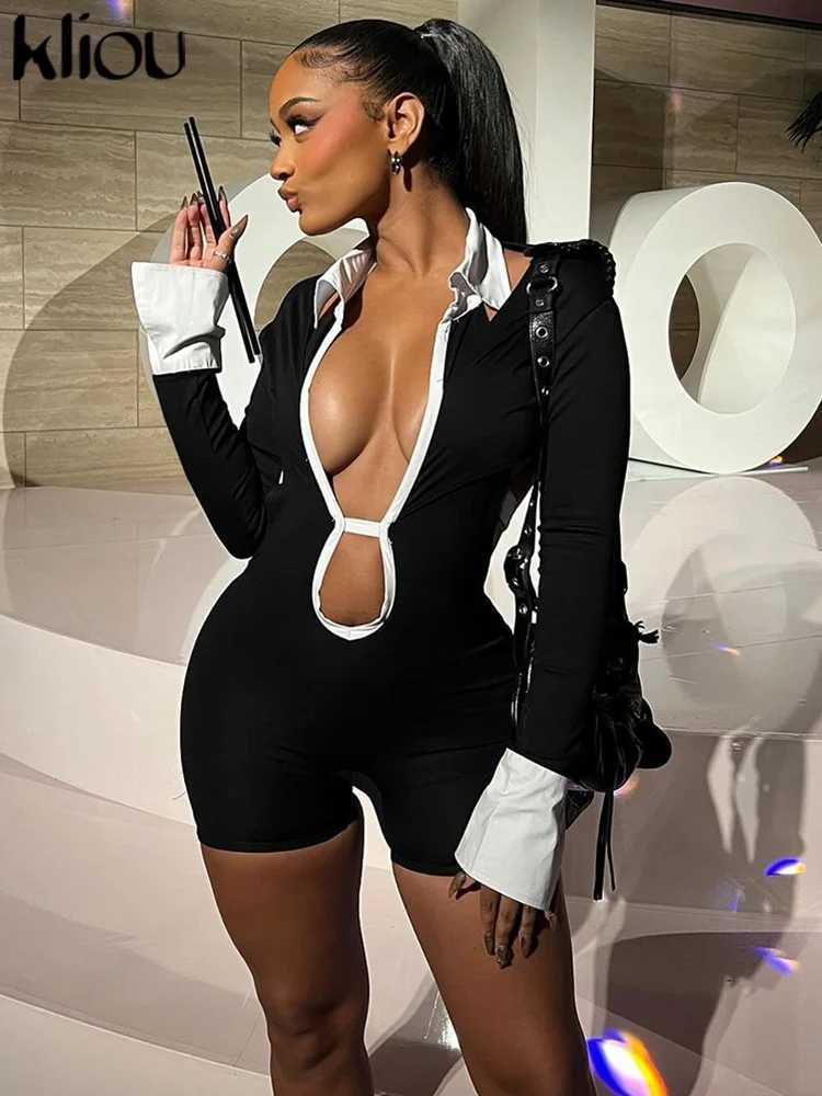 Women's Jumpsuits Rompers kliou Panelled Hollow Out Playsuits Women Hipster Lapel Dp V-neck Full Slve Autumn Skinny Backless Rompers Female Strtwear Y240425