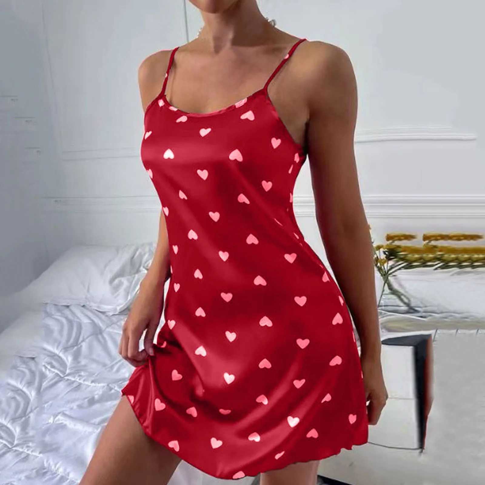 Pyjamas sexy amour imprimé nightRss Womens sexy carré couche de cou coton coton confortable mince taille robe nocturne femme d240425