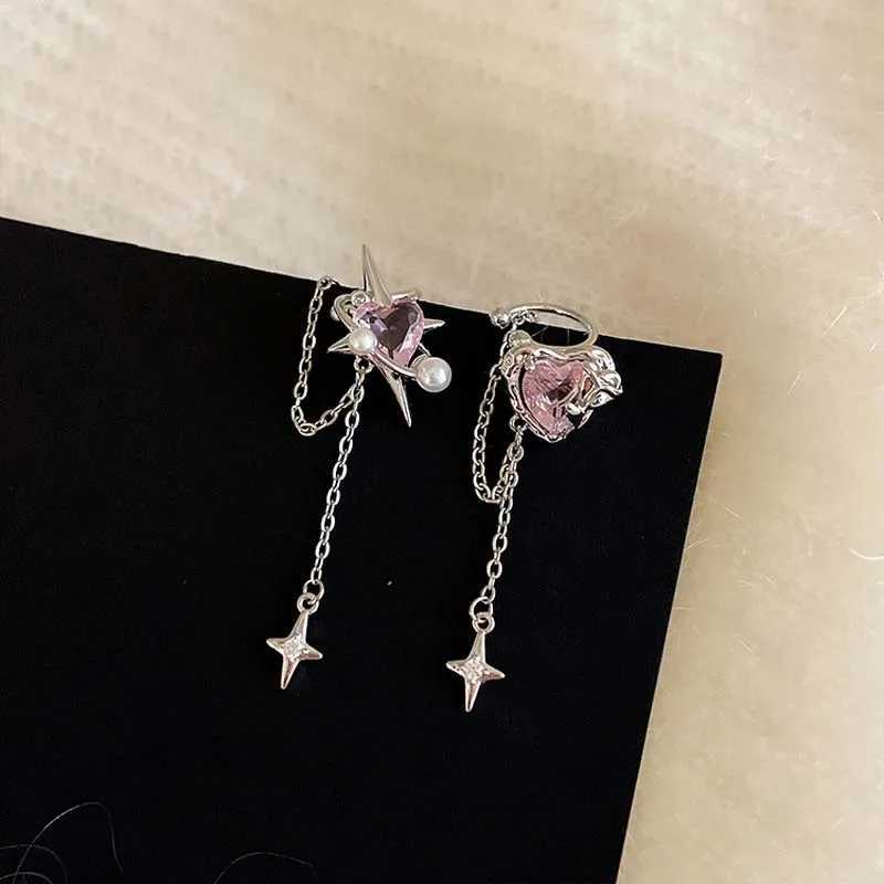 Charm Pink Crystal Heart Star Tassel Ear Clip Earrings for Women Vintage Non Piercing Ear Cuff Jewelry Party Jewelry Gift