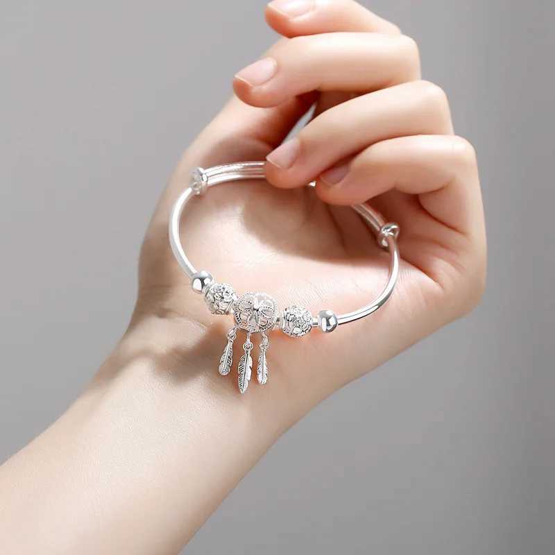 Beaded Korean Hollow Dreamcatcher Bracelet For Women Feather Charm Silver Plated Adjustable Bangle Girls Fashion Daily Jewelry Gift