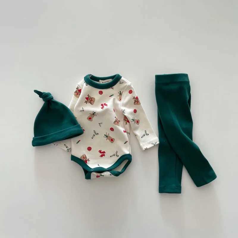 Kleidungsstücke Weihnachten Babykleidung Kind Elchdruck Bodysuit Hosen Hut Kleinkind Neujahr Homewear Set H240425