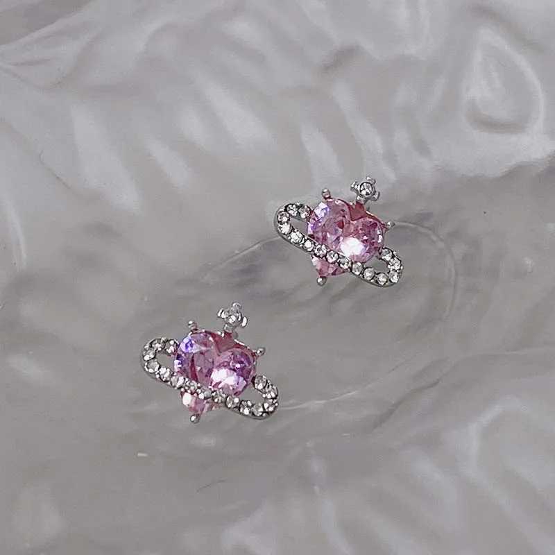 Bengelen kroonluchter prachtige glanzende roze zircon planeet stud oorbellen voor vrouwen meisje Koreaanse zoete kristal ster hart persoonlijkheid oorbellen sieraden
