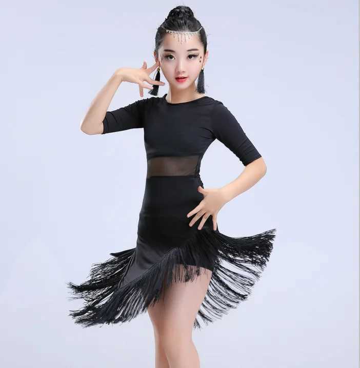 Bühne Wear Kids Latin Dance Kleid Fringe Kind Latin Tanz Kostüm Schwarze rote Mädchen Ballsaal Tango Salsa Stage Outfits Tanzkleider tragen D240425