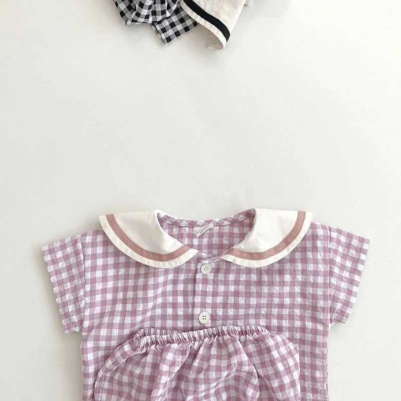 Kleidungsstücke Babykleidung karierte T-Shirts und Baumwollbloomer Sets Trun-Down-Kragen Kleinkindanzug koreanische Kleinkind Outfits H240425