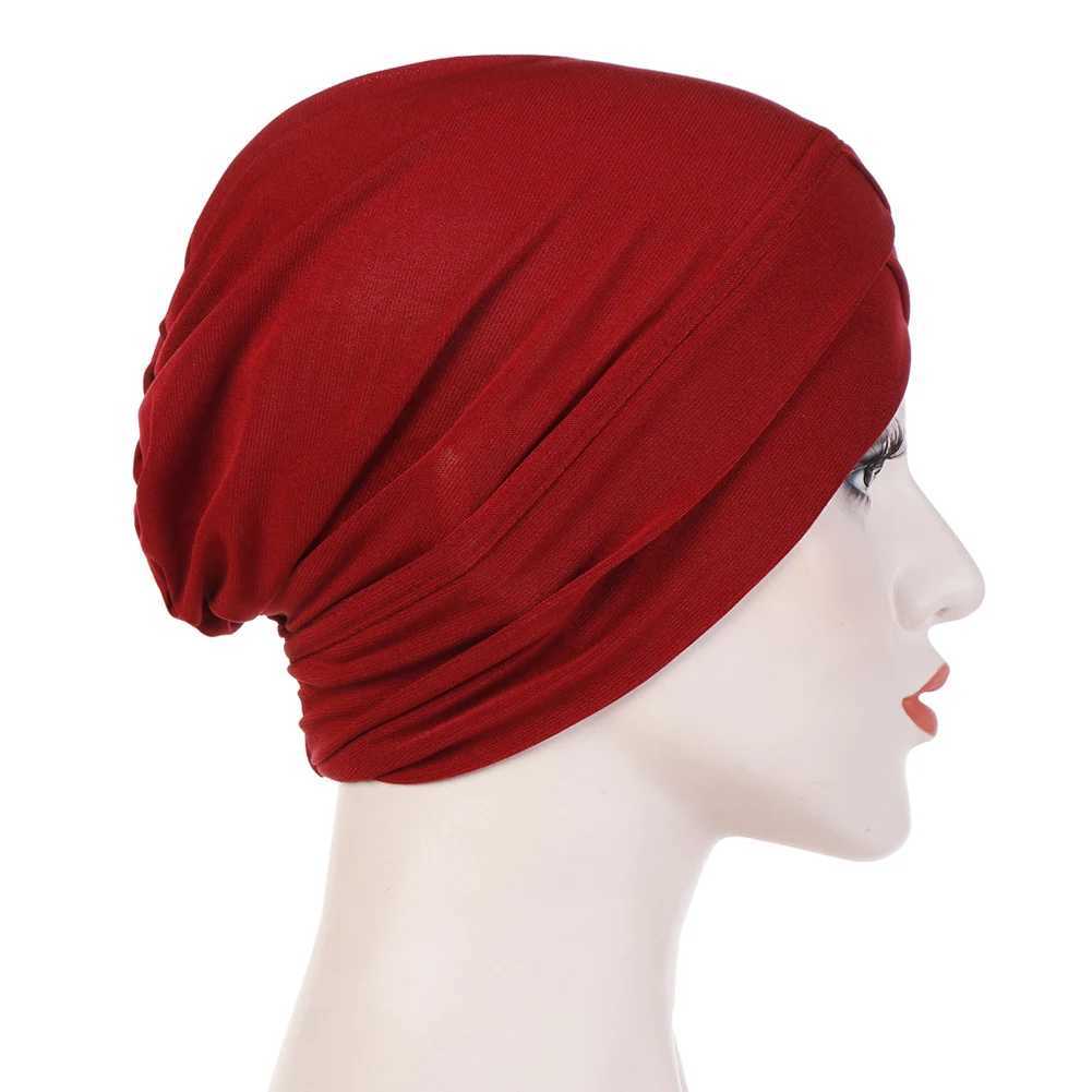 Hijabs New Women Hat Color Solid Colore Muslim Turban Cross Head Wrap Bandana Bandana Scarpa musulmana Cap cofano hijab Indias Hat Ethnic HAT ETNIC INTER DACCHI D240425