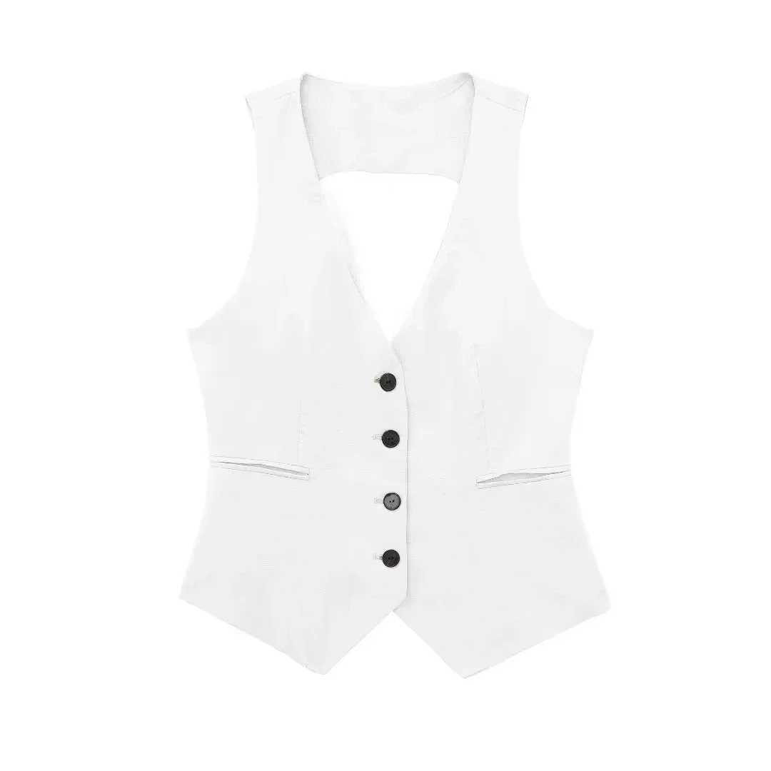 Women's Tanks Camis TRAF Fashion Womens Vest Linen Slveless Suit Vest Coat for Women Autumn Korean Female Black White Suit Vest Top Y240420