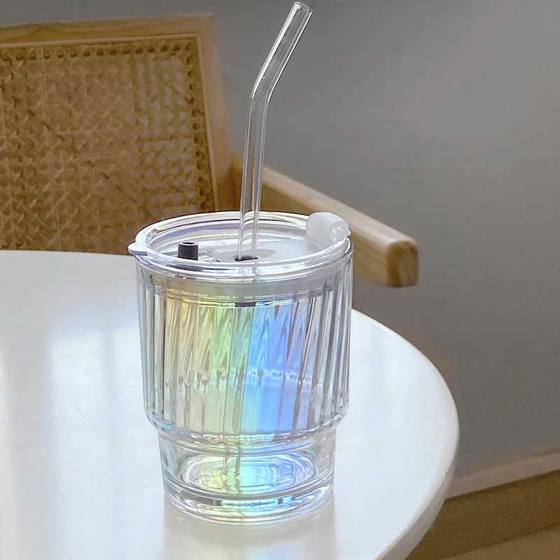 Tumblers oogverblindende kleuren transparante glazen beker met deksel- en rietmelk koffie Water Summer Office Home Drinkware H240425