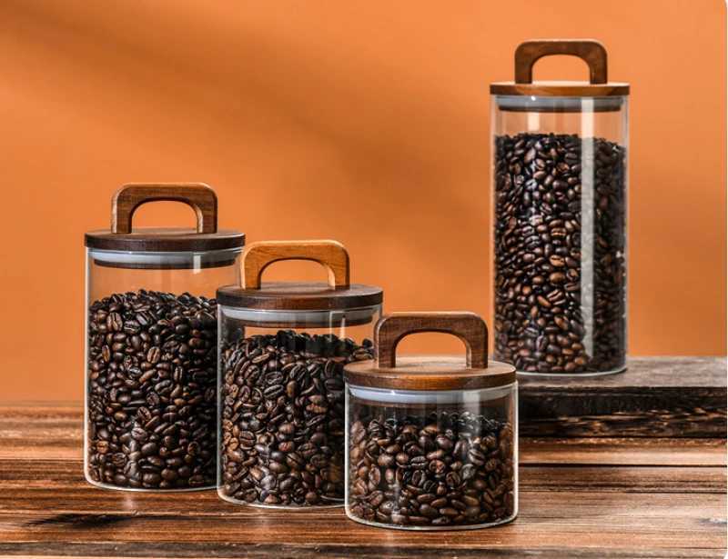 Voedselafstand opslagcontainers 1400 ml verzegelde glas opbergpot met houten deksel luchtdichte keuken eten fles thee koffieboon snoep organisator H240425
