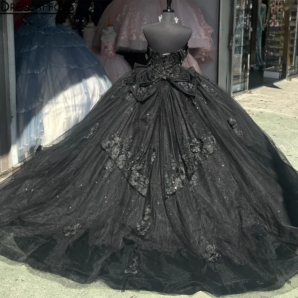 Abiti di quinceanera nera 16 ragazze a V-collo fuori dalla spalla Appliques oro perline da ballo principessa abito da ballo di compleanno Vestitidos De Vestidos De