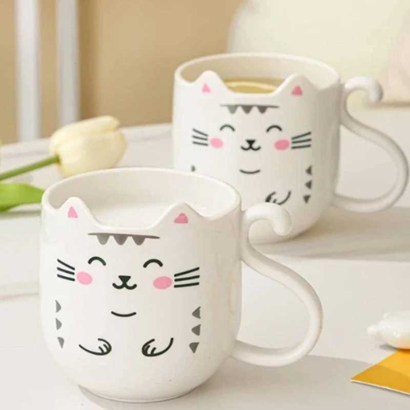 Tumblers 301-400ml ChildrenS Cute Cartoon Pussy Cat Student Bathroom Fashion Anti Drop Toothbrush Cup Mouthwash Plastic Handle H240425