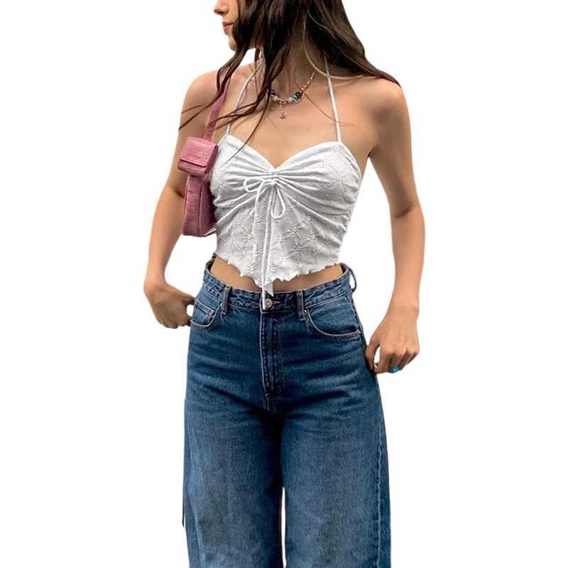 Tanks pour femmes Camis Xingqing Y2K Halter Top Women Fairycore Vêtements Slveless Front DrawStRring Lace Eyelet Slim Fit Camisole 2000S Strtwear Y240420