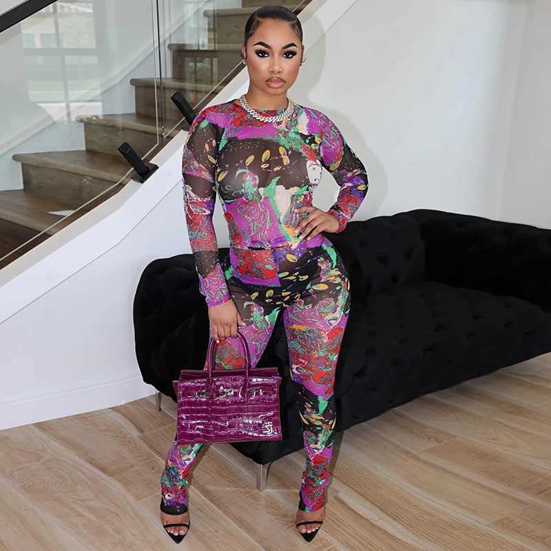 Women's Jumpsuits Rompers BUILDINGB Print Mesh Two Piece Set Women Sexy O-Neck Long Slve Crop Tops And High Waist Pencil Pants Matching 2024 Y2K Strtw Y240425