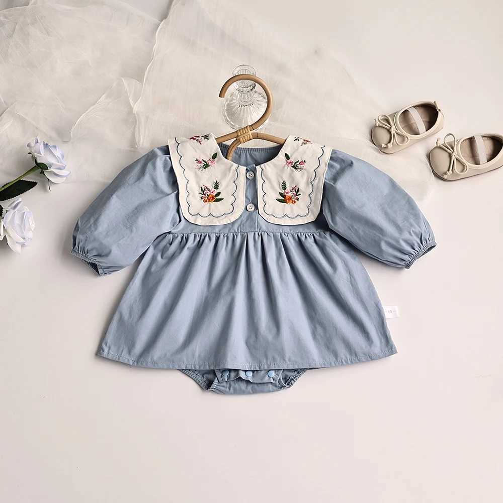 Rompers Spring Solid Pleed Body BodySuit Toddler Girls Girls Princess Clothes Embourory Big Collar Infant Vêtements H240425
