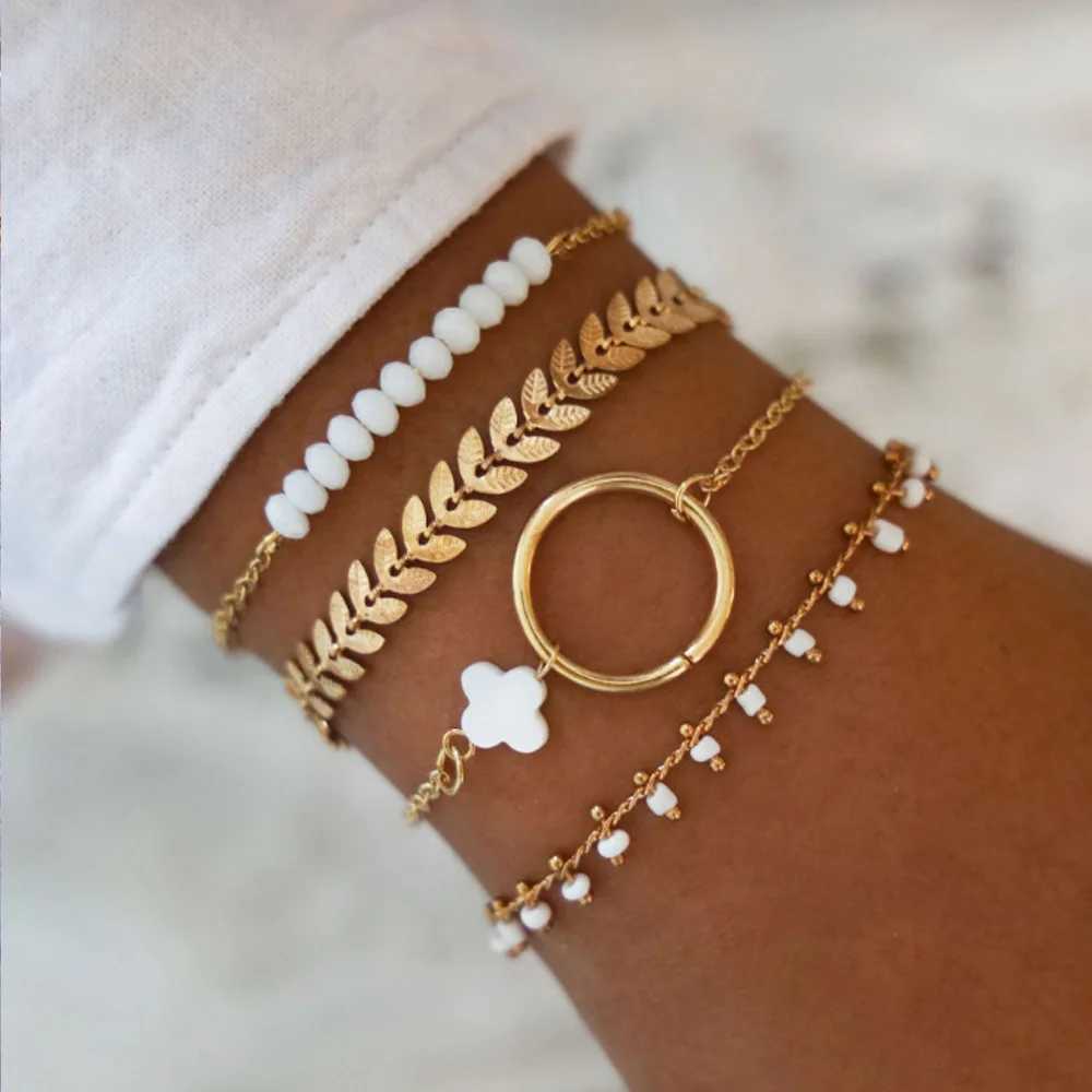 Beaded Bohemia Gold Color Leaves Armband Set For Women White Beads Round Charm Wrap Bangle Boho Girls Smycken Tillbehör