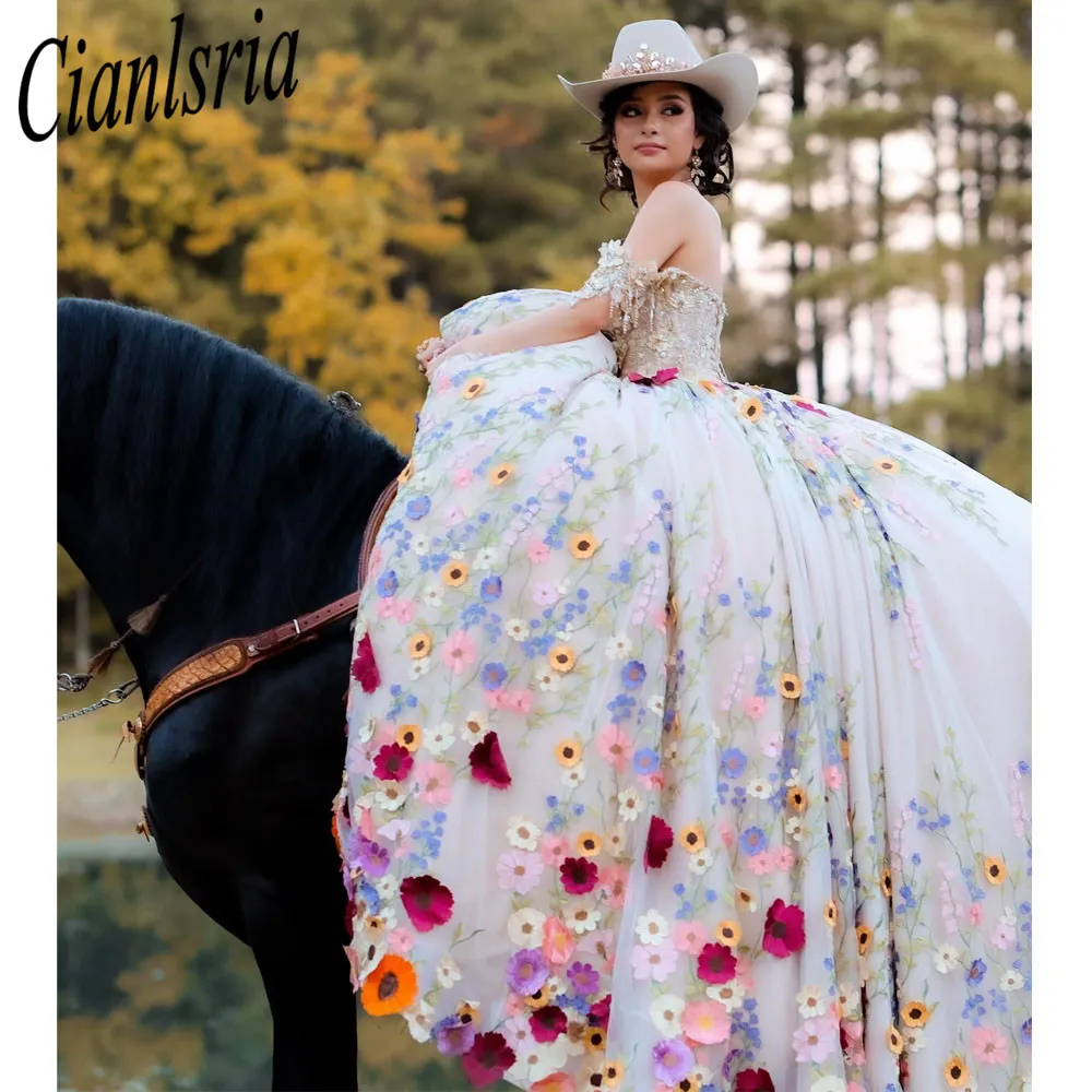 Szampan 3D Flowers Ball Suknia Quinceanera Sukienki kolorowe kwiatowe aplikacje koronkowe gorset vestidos de 15 anos