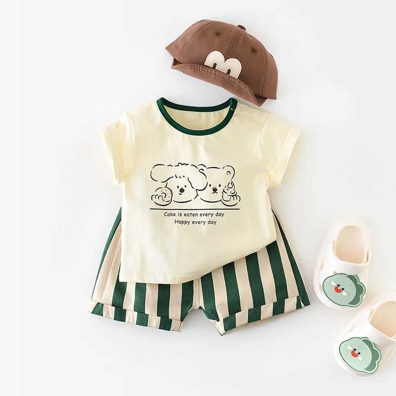 Ensembles de vêtements 2024 Été Baby Clothes Set Toddler Boys Cartoon Print T-shirt Shorts rayés 2-PCS TIGNE BANDE 0-3 Y H240425