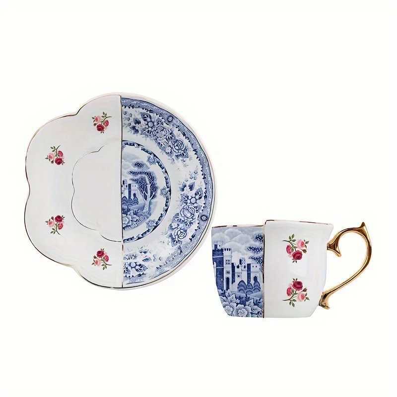 Tumblers Light Luxury Coffee Cup And Saucer Set Irregular Flower Tea Unique Blue White Doucai Ceramic H240425