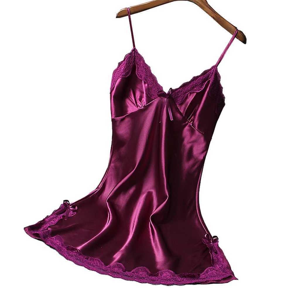Seksowna piżama gorące damskie sukienki Satynowe miękkie koszulki nocne spaghetti pasek koronkowy bielizna śpiąca panie gładkie piżamie sukienka szata D240425