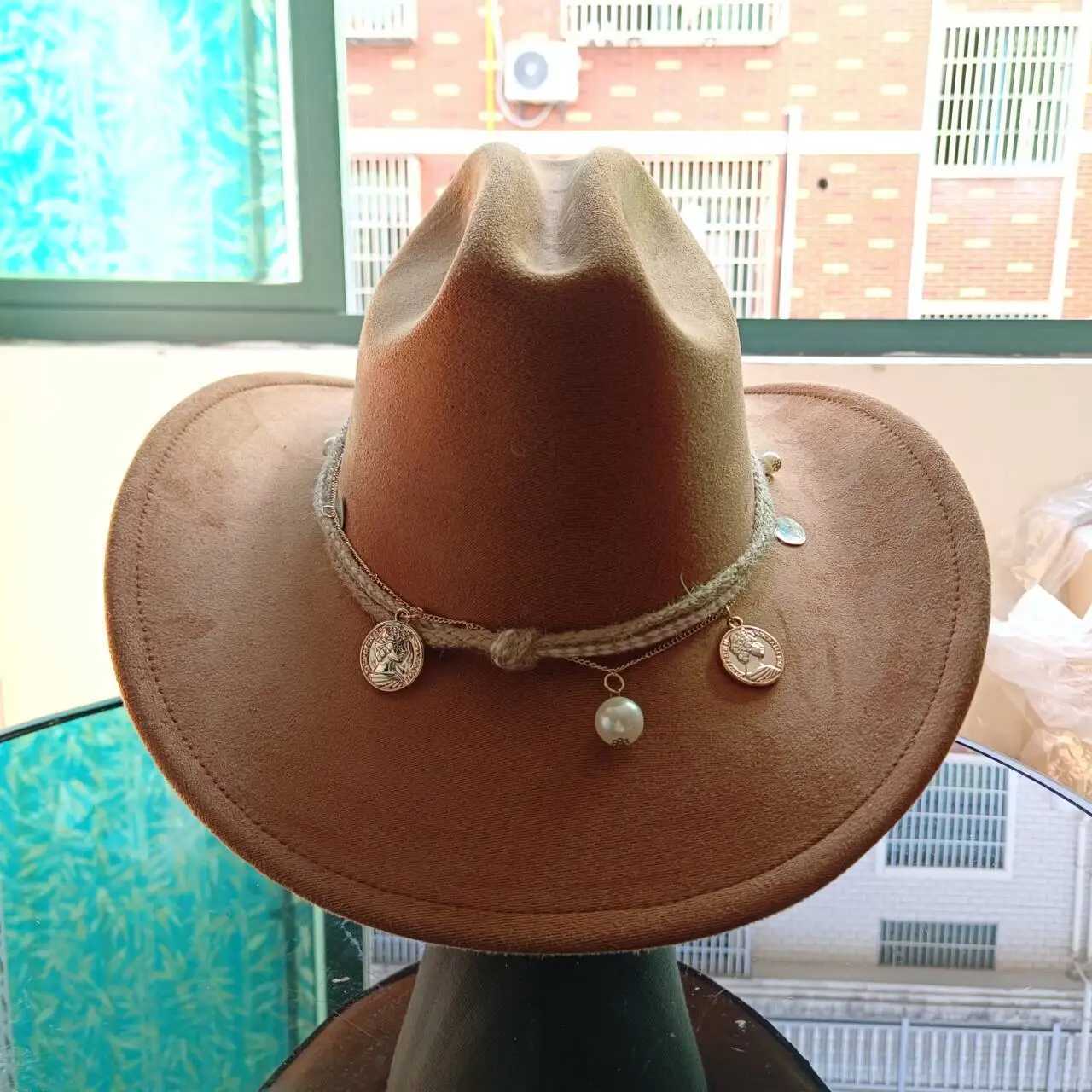 Brede rand hoeden emmer hoeden suède dubbele concave cowboy hoed big run top hoed universitaire strass rhinestone suède jazz hoed western cowboy hoed herfst y240425