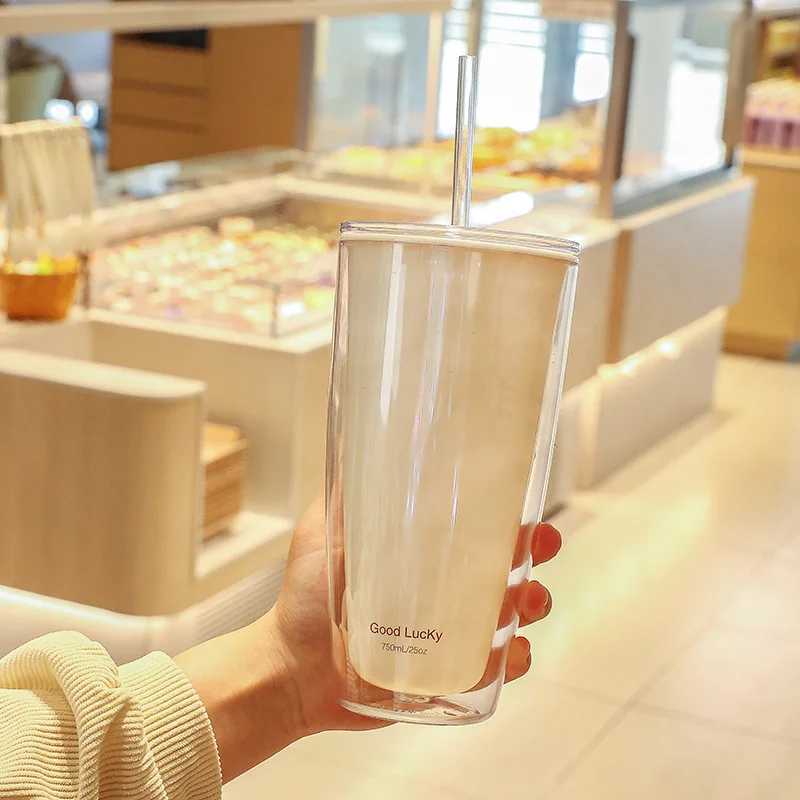 Tumblers 750 ml dubbele laag plastic stro-kopjes met deksels BPA gratis waterfles voor het drinken van thee koffie moksap melk cup drinkgaraat H240425