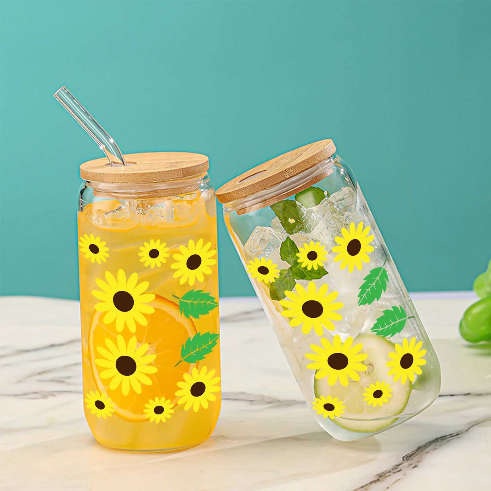 Tumblers Green Leaf Sunflower With Bamboo Lid Glass Straw Ice Cream Drink Bottle Suitable For Hot And Cold Drinks In Summer H240425