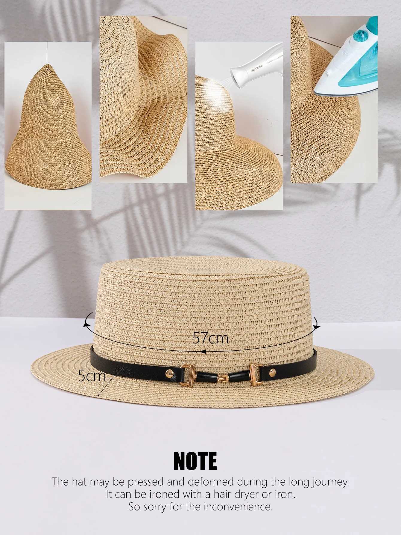 Breda randen hattar hink hattar sommarstrat hatt kvinnor fashionabla str vävda solskugga hatt platt topp brittisk retro solskydd hatt rese strand sol hatt j240425