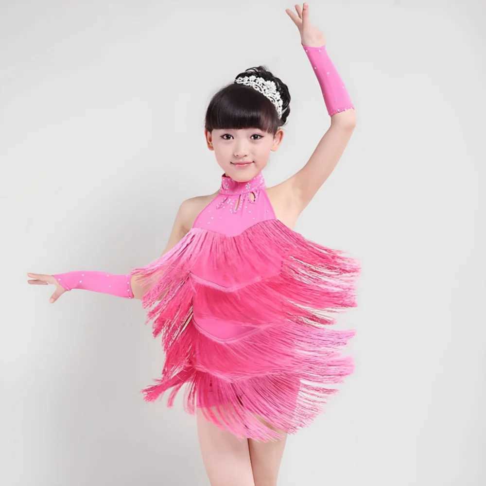 Stage Wear Girls Dance Dress Solid Mouwess Latin Dance Dress Cha Dress Kids Tango Rok Carnaval Wear Child Teen Stage Costume 3-15y D240425