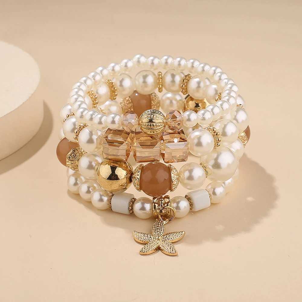 Beaded Bohemian Pearl Beads Chain Armband Set For Women Tree of Life Starfish Charm Elastic Bangle Female Party Jewelry Accessories