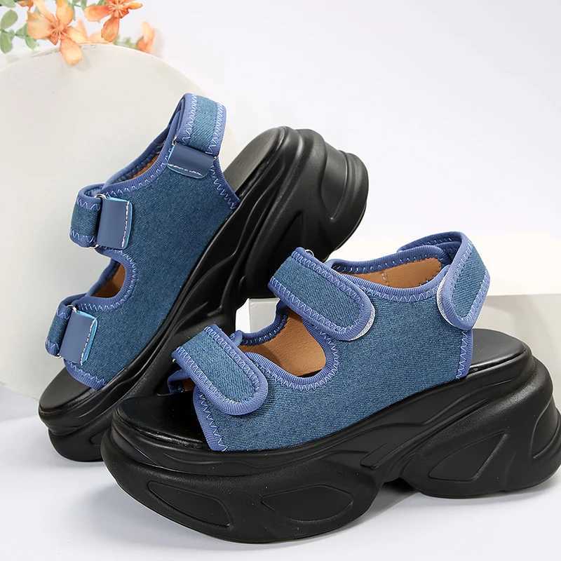 Sandals Blue Denim Chunky Platform Women Summer 2023 Plus Size Wedge Woman Gothic Hook Loop Thick Bottom Sandalias Mujer H240425