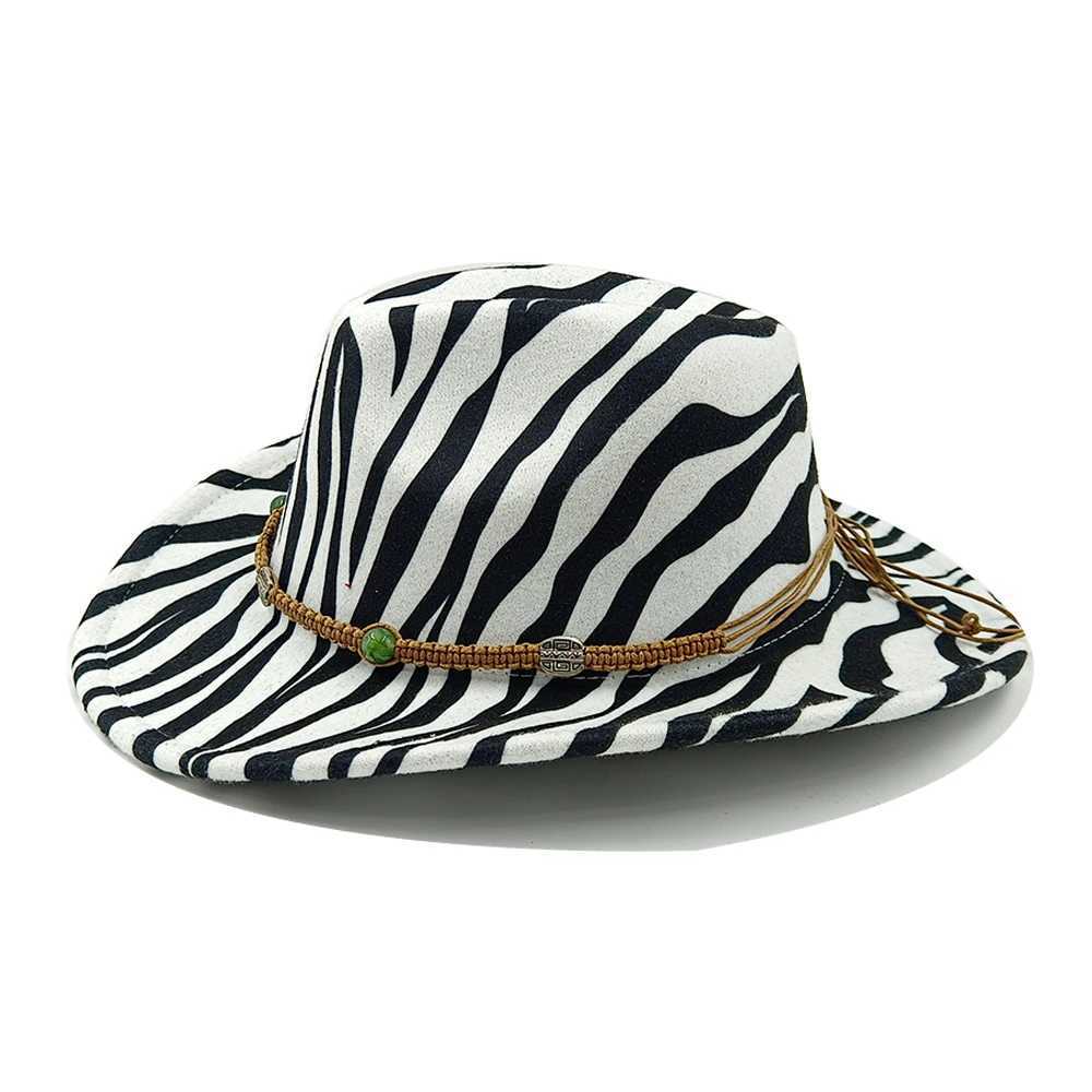 Breite Krempe Hüte Bucket Hats 2022 Neue Zebra Design Frauen Herren Wolle Western Cowboy Hut für Gentleman Lady Winter Herbst Jazz Cowgirl Wolle Fedora Jazz Cap Y240425