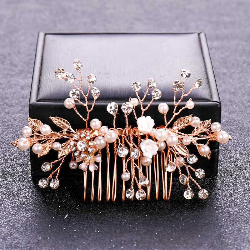 Wedding Hair Jewelry Rose Gold Color Crystal Pearl Flower Hair Comb Hairpin Headband For Women Bride Wedding Bridal Hair Accessories Jewelry Comb d240425