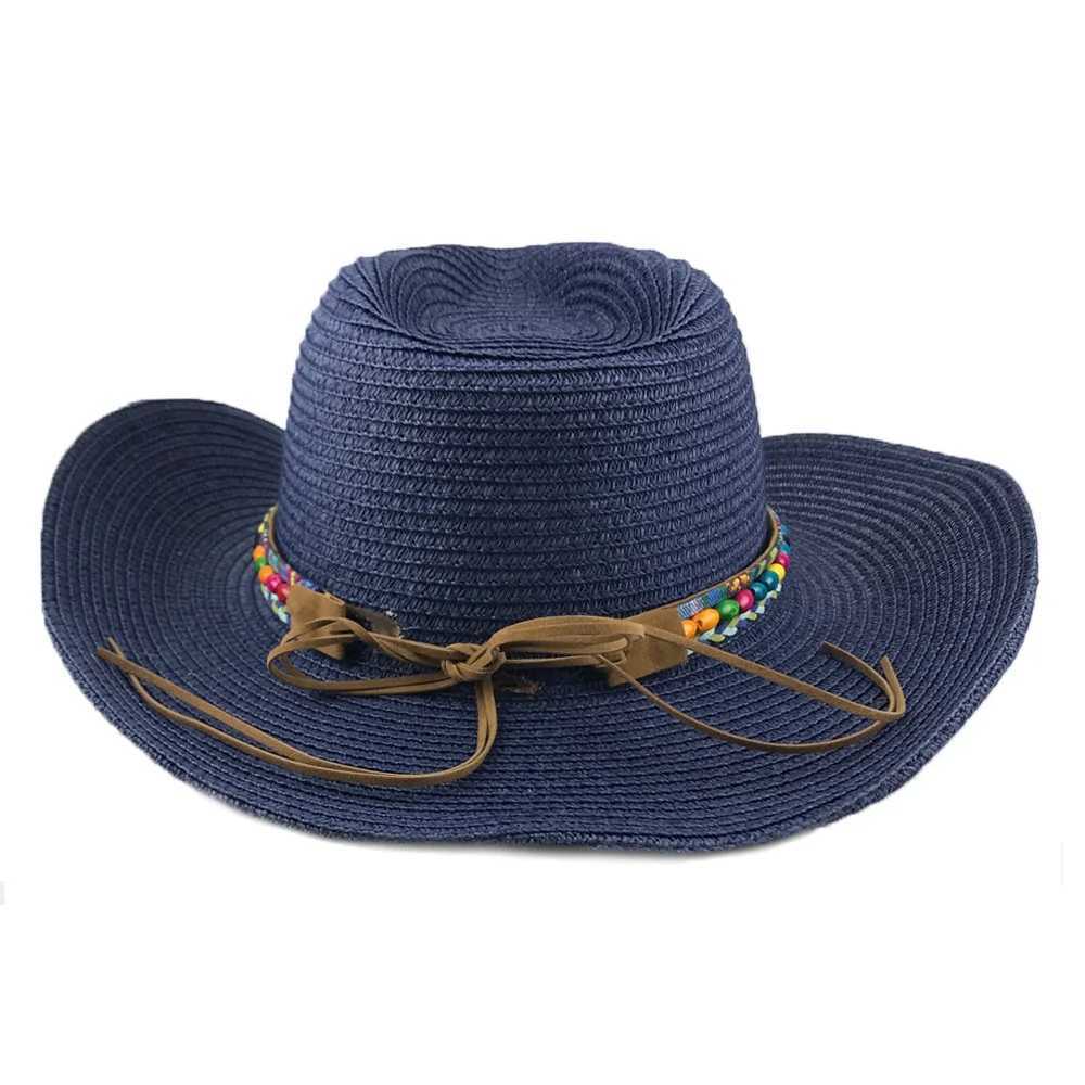 Breda randen hattar hink hattar sommarstrån för män kvinnor fedora hatt i cowboy stil fedora hatt med färgglada pärlor y240425