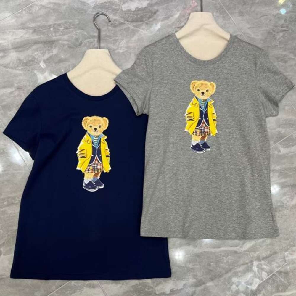 Lente zomer nieuwe Europese goederen Little Bear Cartoon Print Letter veelzijdig Instagram katoen ronde nek korte mouw t -shirt voor vrouwen