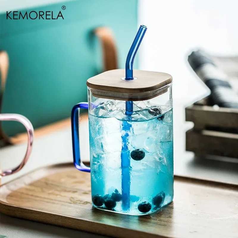 Tumblers 600ML Glass Cup with wooden lid and colorful handles straws Milk coffee transparent drink cup Suitable for parties H240425