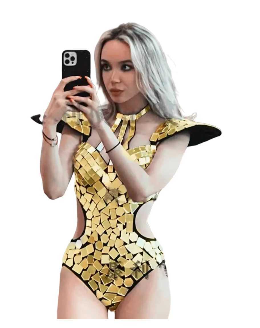 Bühnenbekleidung Spiegel Bodysuit Frauen Tanz Kostüm Golosilver Pailletten Fliegen Schulter hohl Out Raveoutfit Stage Performance Kleidung Gogo Show D240425