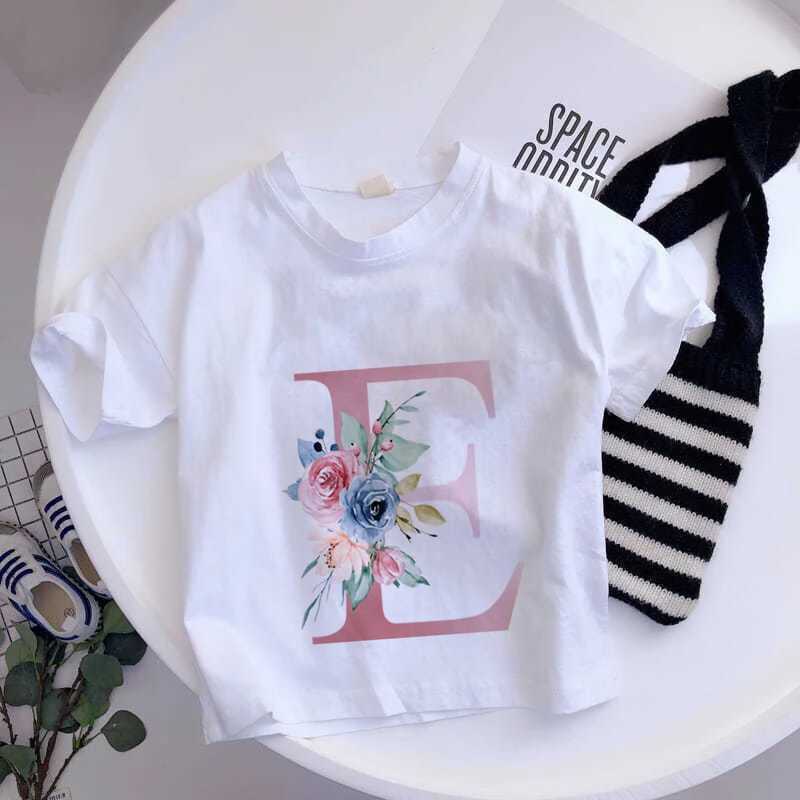 T-shirts Summer26 English Letter A B C D Children T-shirt Fashion Flower T Shirt Cartoons Casual Clothes Kid Girl Boy Short Sleeve TopsL2404