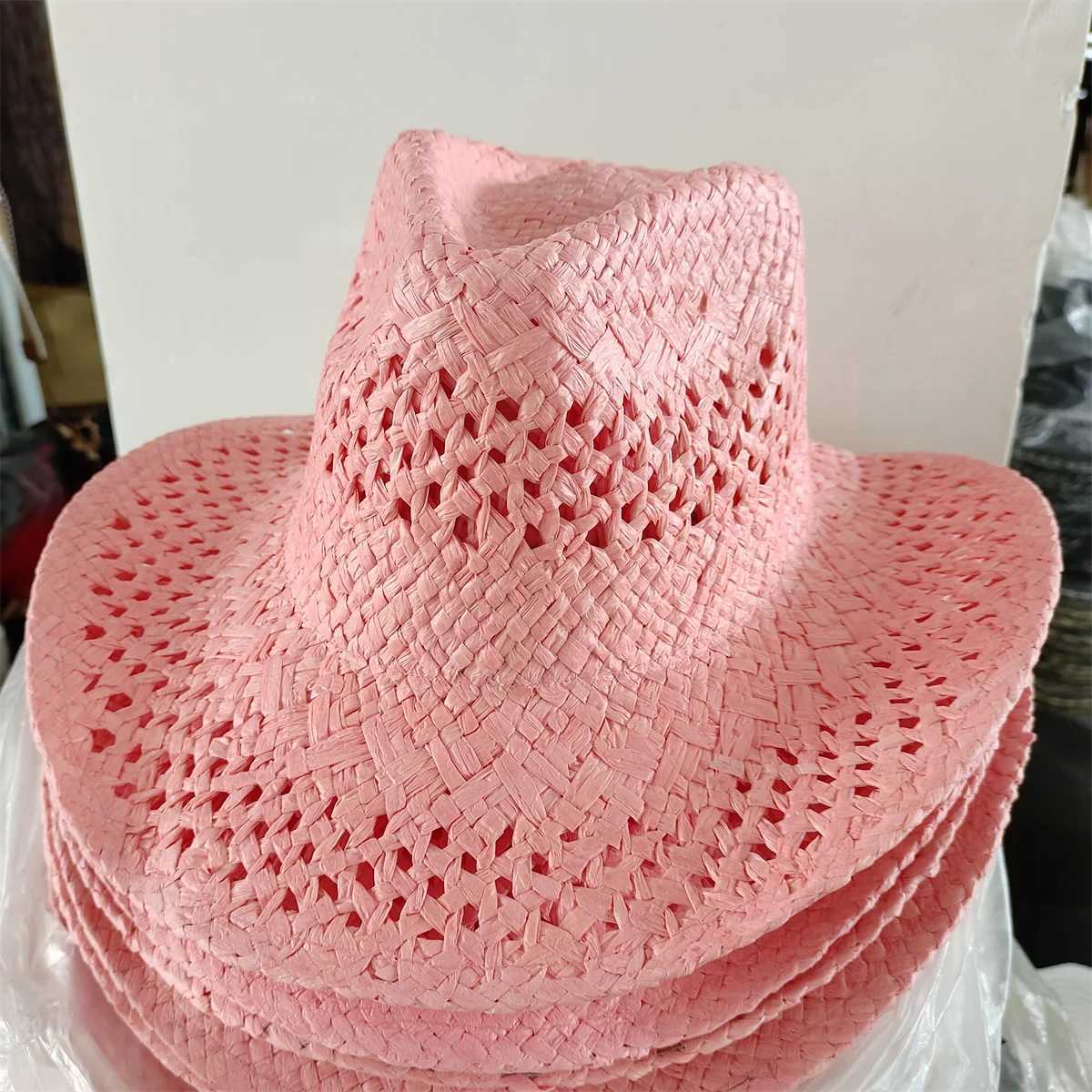 Cappelli larghi cappelli da secchio Cappelli Rose Weave Hollow Western Cowboy Cappello uomini Donne Summer Outdoor Cowgirl Beach Sun Pyrus Hat Sombrero Hombre J240425