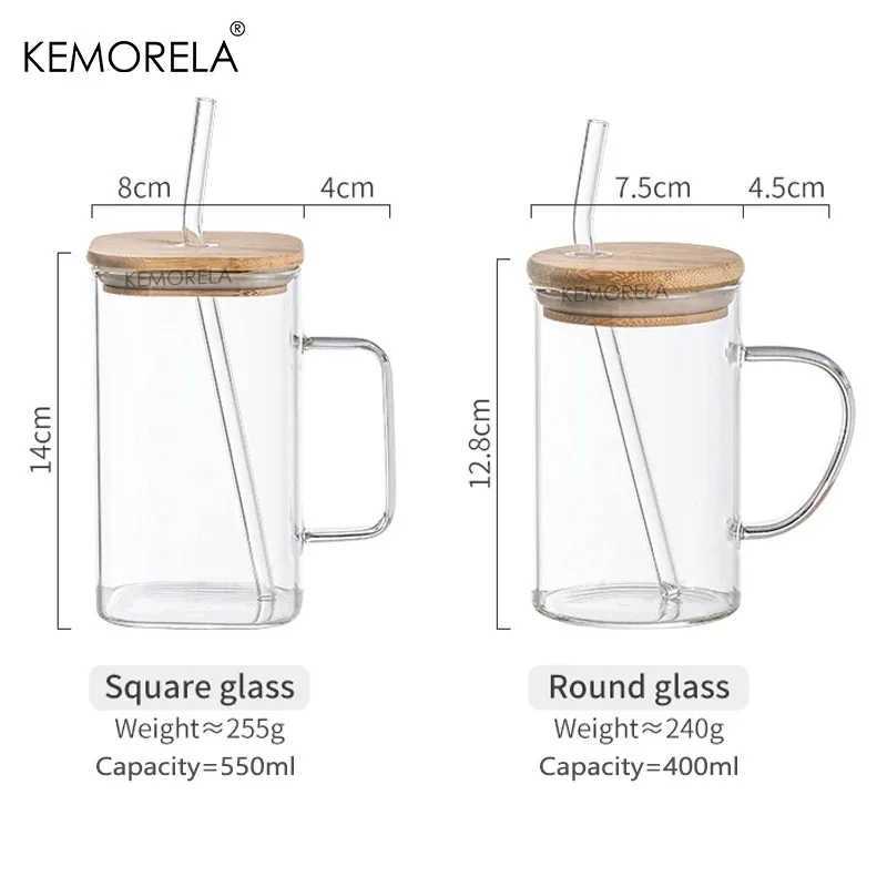 Tumblers 600ML Glass Cup with wooden lid and colorful handles straws Milk coffee transparent drink cup Suitable for parties H240425