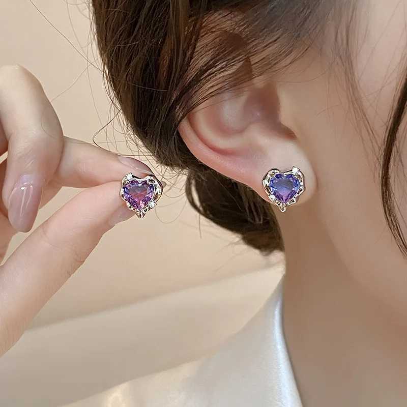 Dangle Chandelier Purple Crystal Heart Stud Earrings for Women Egirl Fashion Gradual Zircon Lava Personality Earrings Party Jewelry Gift