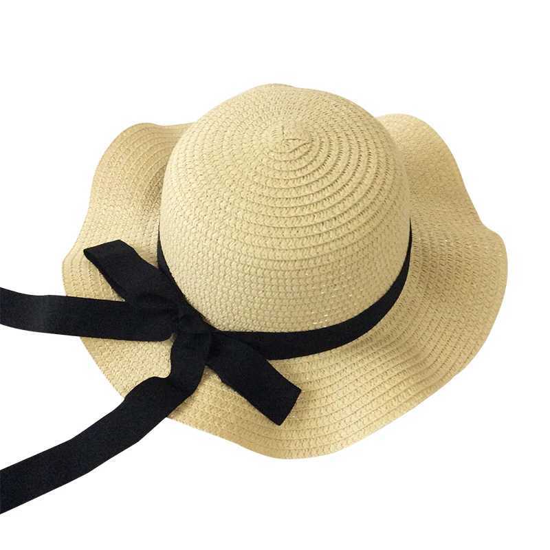 Caps chapeaux filles capuchon d'été ruban noir décorer le chapeau de paille ondulée pour les enfants enfants panama chapeaux enfants cap chapeaux de plage bébé d240425