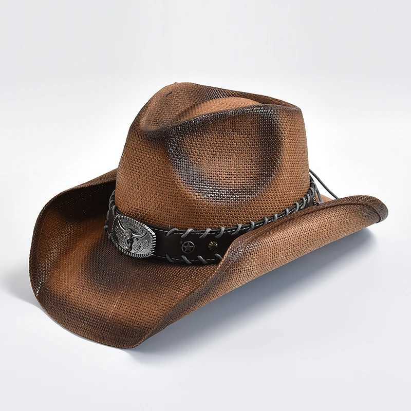 Cappelli a bordo larghi cappelli a secchio Nuovo cappello da cowboy occidentale vintage uomo fatto a mano con ghiottoneria da sole intrecciata da sole da sole lady cowgirl jazz cappello y240425