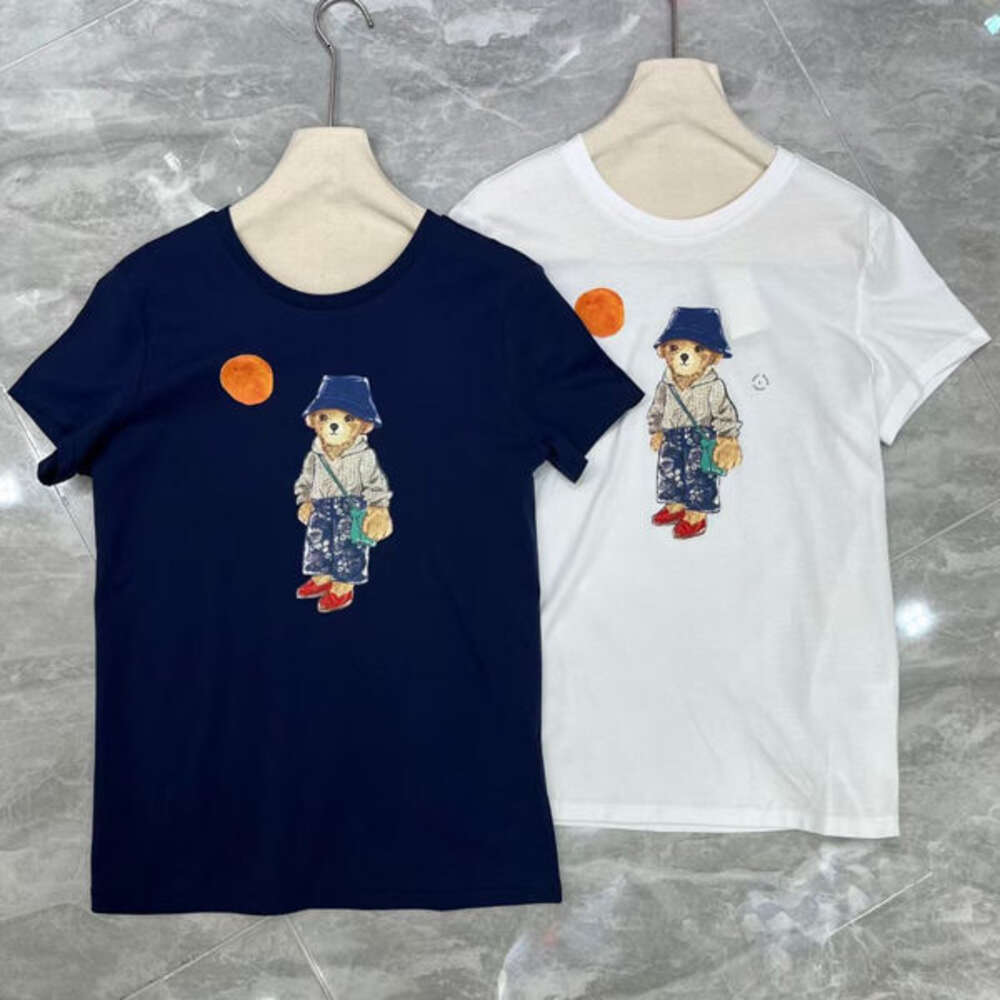 Lente zomer nieuwe Europese goederen Little Bear Cartoon Print Letter veelzijdig Instagram katoen ronde nek korte mouw t -shirt voor vrouwen