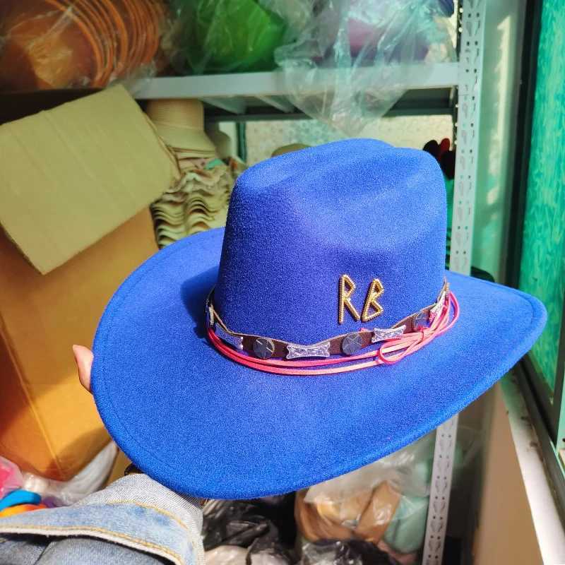 Wide Brim Hats Bucket Hats Fashion R B letters Cowboy Hat Winter Women Hat for Gentleman Jazz hat Cowgirl wide brim fashion Felt Fedora Hat sombrero hombre Y240425