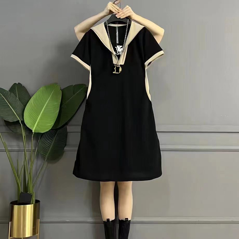 Designer plus-size navy collar dress summer midlength dress Simple temperament literary personality street patchwork letter print shift dress Q14