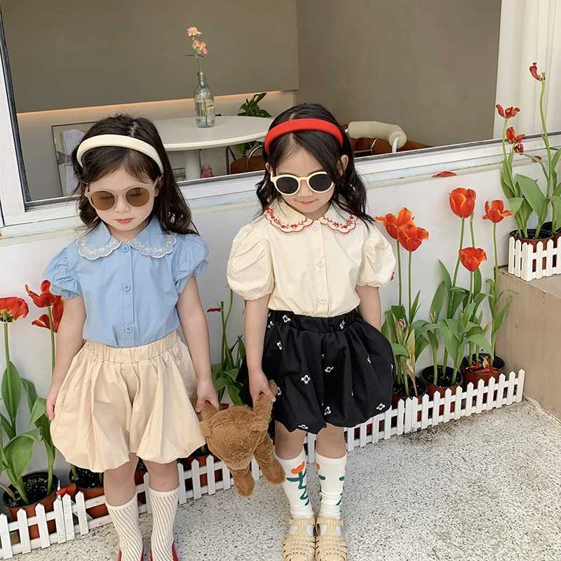 Shorts Summer Girls Pants Floral Puffy Shorts Solid Color Children Cotton Bloomers 1-6 Years H240425