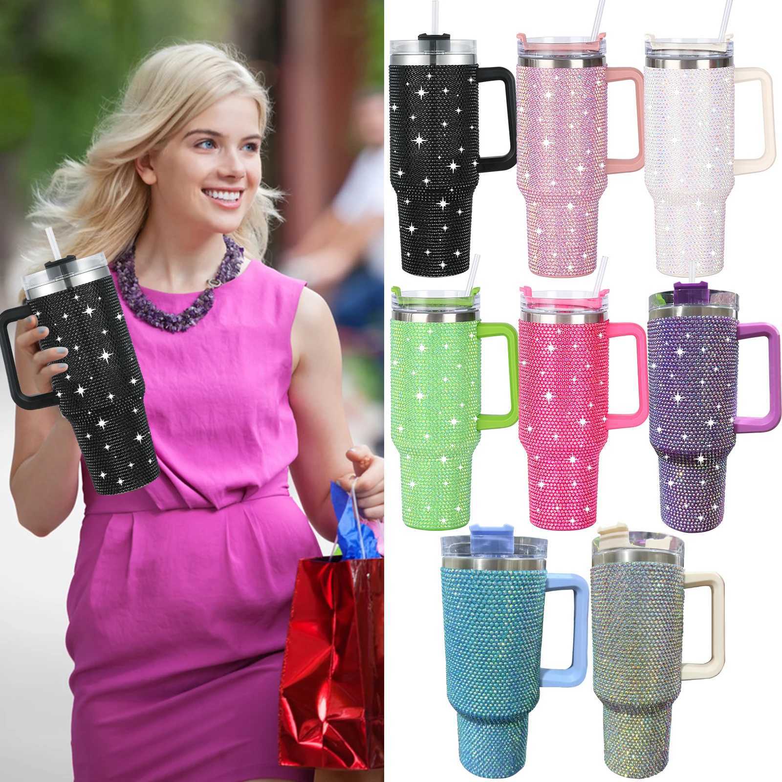 Tumblers 40 oz glanzende diamant tuimelen koffie isolatie beker roestvrijstalen auto fles rietje large capaciteit strass Rhinestone H240425