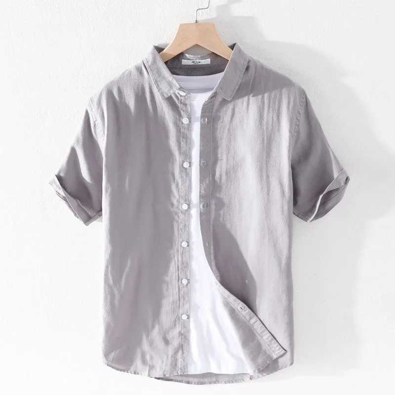 T-shirts High Quality Cotton Linen Mens Summer Fashion Shirt Solid Color Simple Casual Short Sleeve Blouses Basic Thin Breathable TopsL2404