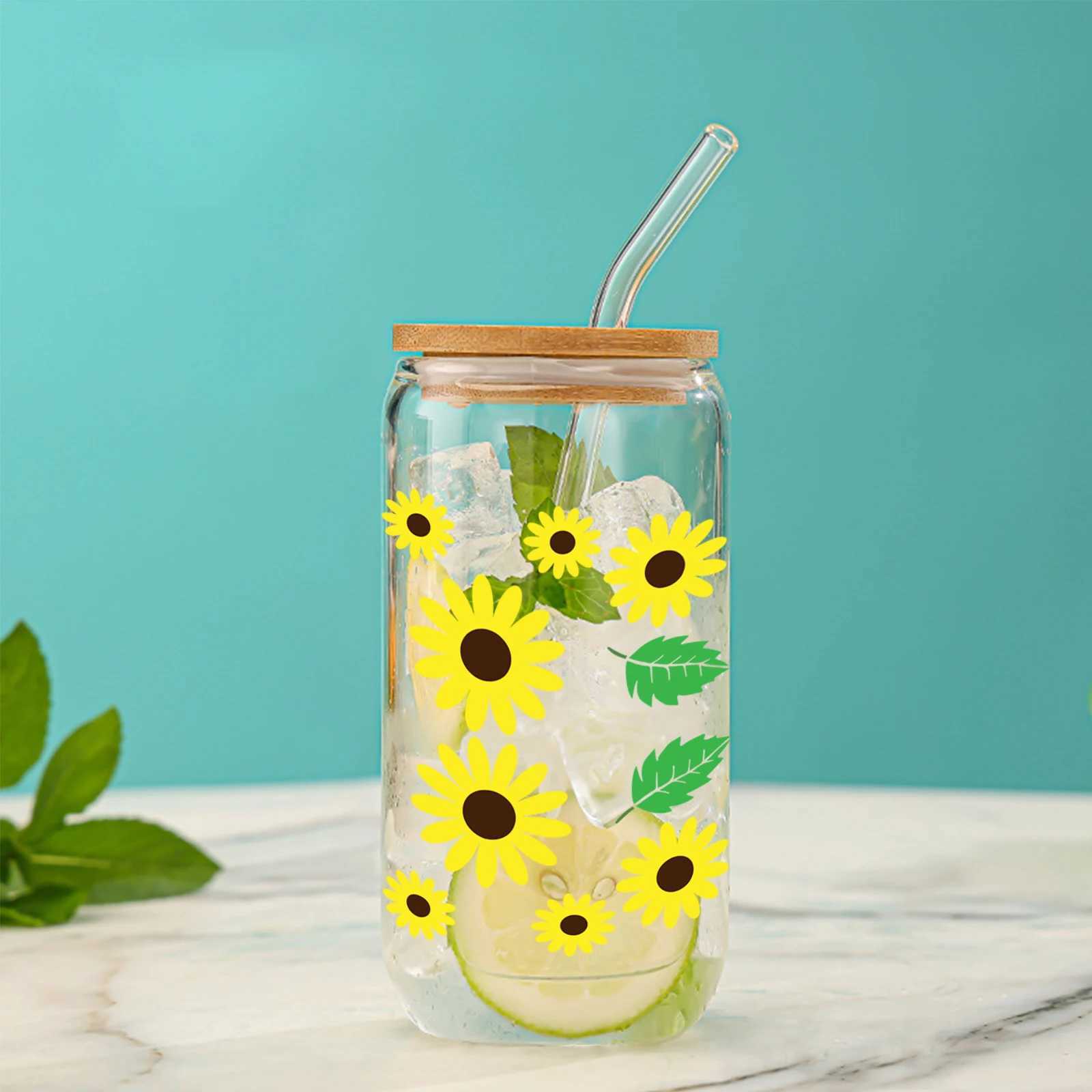 Tumblers Green Leaf Sunflower With Bamboo Lid Glass Straw Ice Cream Drink Bottle Suitable For Hot And Cold Drinks In Summer H240425