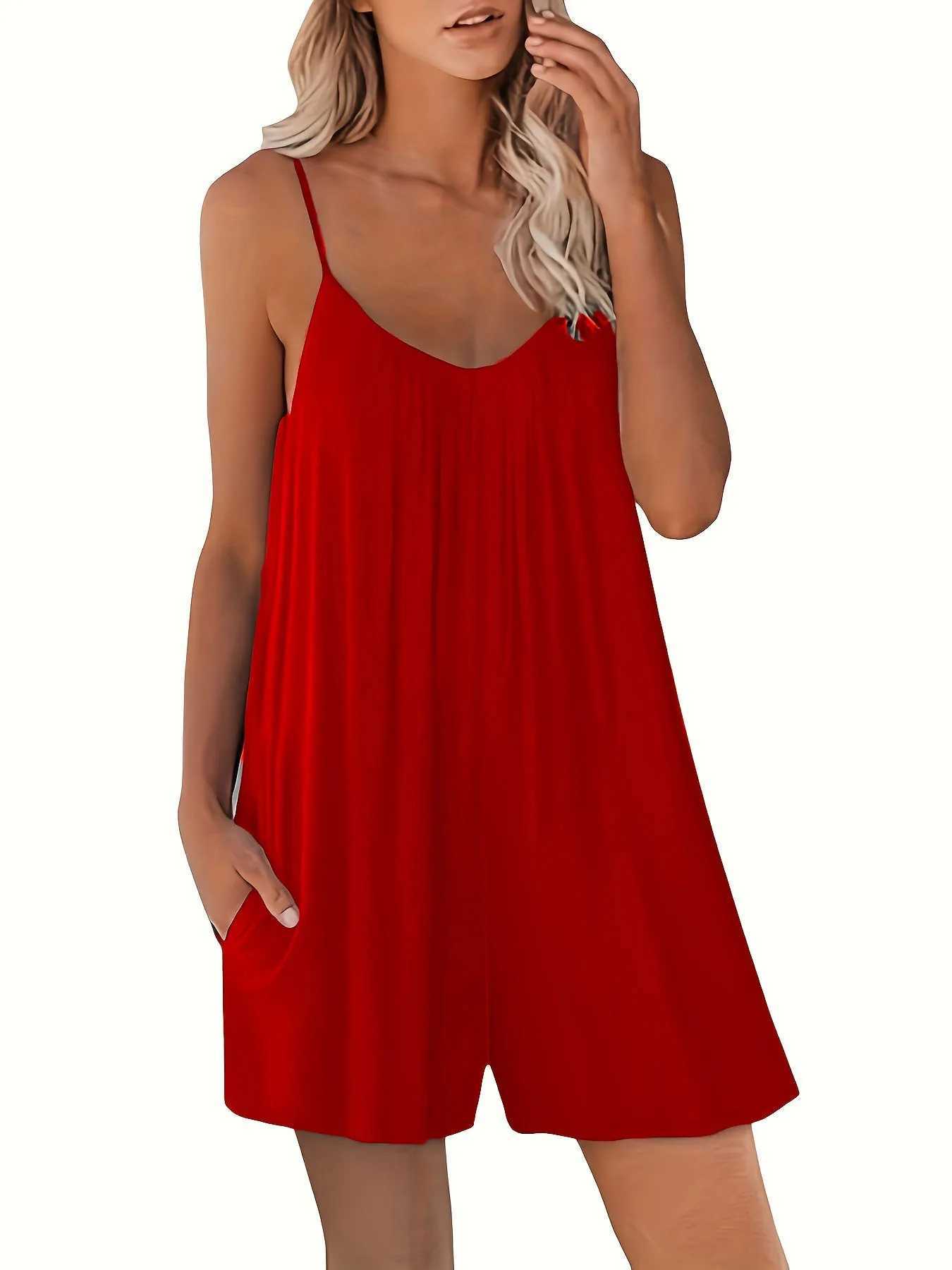 Women's Jumpsuits Rompers 2023 Summer New European and American Womens Casual Belt Shorts Solid Round Neck Loose Pocket jumpsuit Y240425